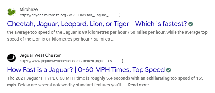 Google results showing two pages targeting different intents behind “jaguar speed” — one about the animal and another about Jaguar cars.
