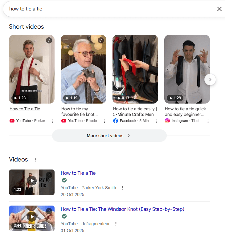 Google video search results for "how to tie a tie", showing short videos and longer YouTube video listings
