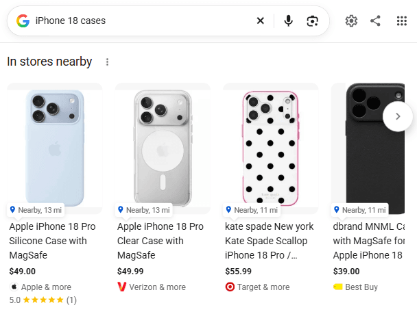 Google shopping results for iPhone 18 cases showing product images, prices, nearby store availability, ratings, and retailer information