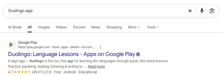 Google search result for the Duolingo app showing a 4.7-star rating, more than 49 million reviews, free pricing, Android platform, and Educational category
