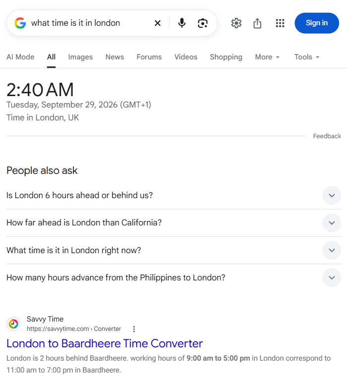 Google search results for “what time is it in London” showing the current London time prominently at the top of the SERP, demonstrating a zero-click search result