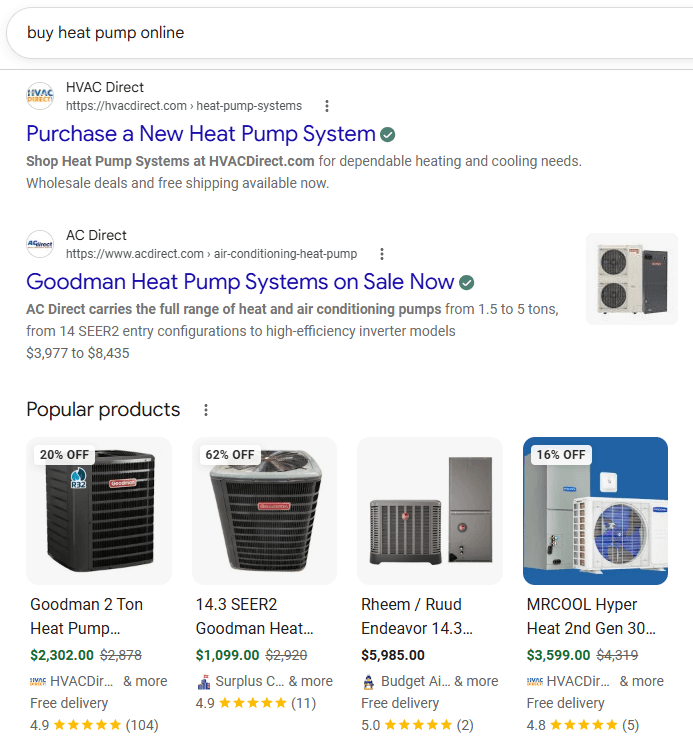 Search results for “buy heat pump online” featuring heat pump retailers, product listings, prices, discounts, ratings, and delivery information