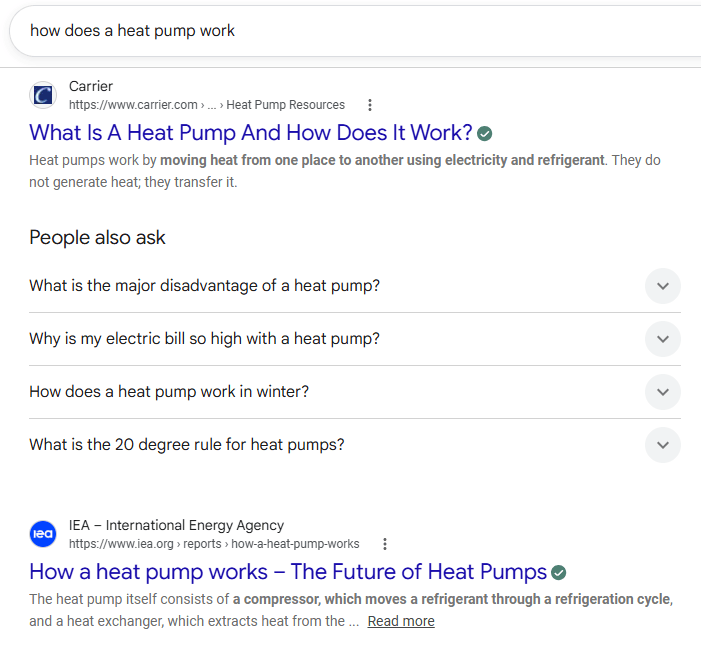 Search results page for “how does a heat pump work,” featuring an informational result from Carrier, a People Also Ask box with related questions, and another explanatory result