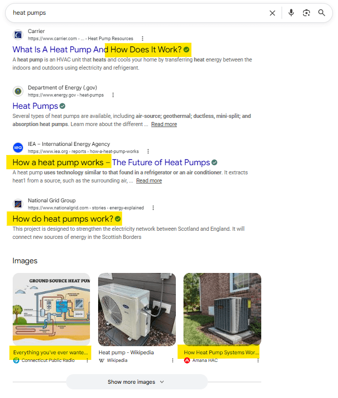 Google SERP for “heat pumps” showing explanatory results from Carrier, the U.S. Department of Energy, IEA, and EPA, supporting the use of informational pages and explainers for this query