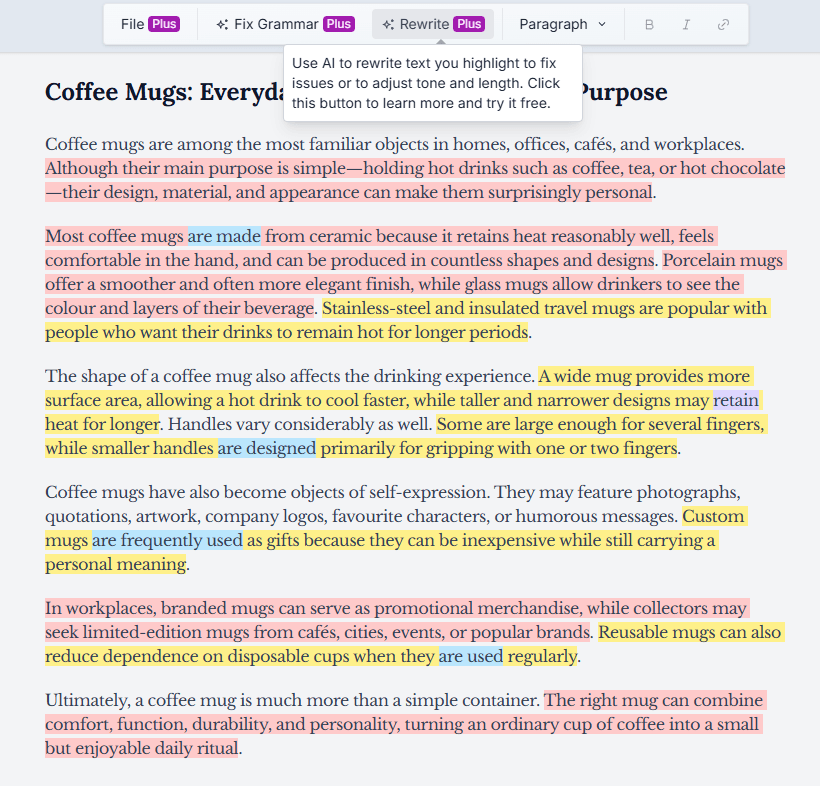 Hemingway Editor showing highlighted readability issues in an AI-generated coffee-mug article, with the Rewrite Plus tool offering AI-assisted revisions for tone, length, and writing problems.