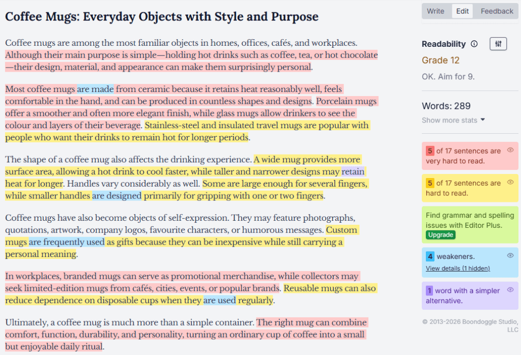 Hemingway Editor analyzing an AI-generated article about coffee mugs, highlighting very hard-to-read and hard-to-read sentences