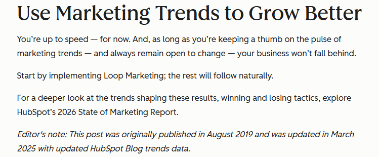 Screenshot of a HubSpot article editor’s note stating that the post was first published in August 2019 and updated in March 2025 with newer trends data.