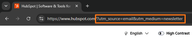 HubSpot URL with utm_source=email and utm_medium=newsletter highlighted, demonstrating tracking parameters used for traffic attribution