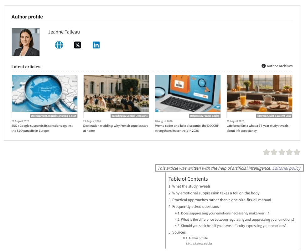 Screenshot of a DirectMag article showing author Jeanne Talleau and a boxed disclosure that the article was written with the help of artificial intelligence