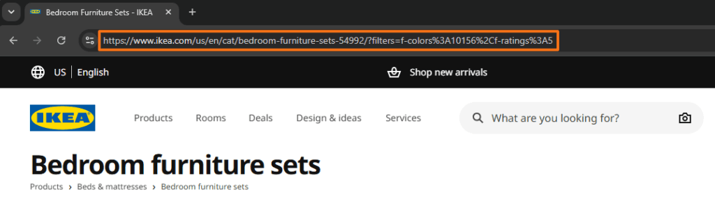 IKEA Bedroom furniture sets page with a parameterized URL containing color and rating filters in the browser address bar