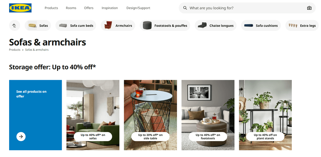 IKEA category page for sofas and armchairs with navigation for sofas, sofa beds, armchairs, footstools, chaise lounges, etc.