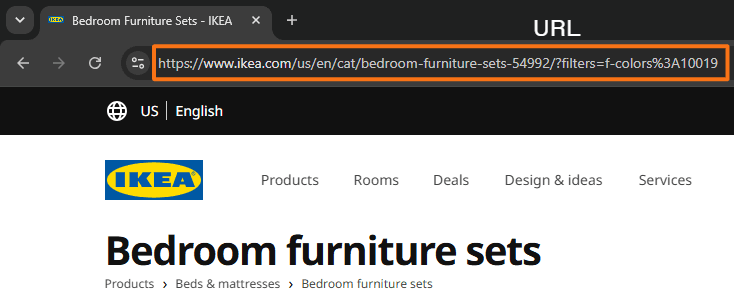 IKEA Bedroom furniture sets page with the browser address bar highlighted to show the full URL, including the category path and filter parameter