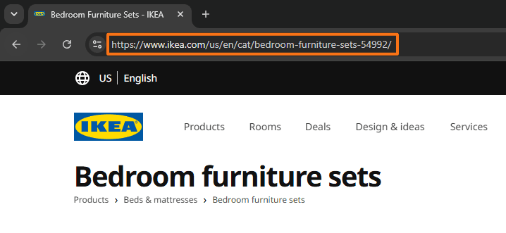 IKEA Bedroom furniture sets page with the URL path /us/en/cat/bedroom-furniture-sets-54992/ highlighted, showing nested path segments within the site structure
