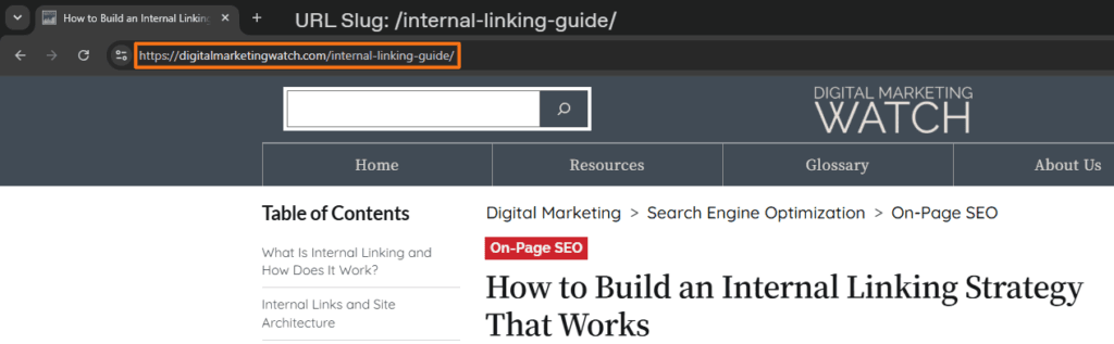 Digital Marketing Watch Internal Linking Guide page with the browser address bar highlighting the URL slug /internal-linking-guide/