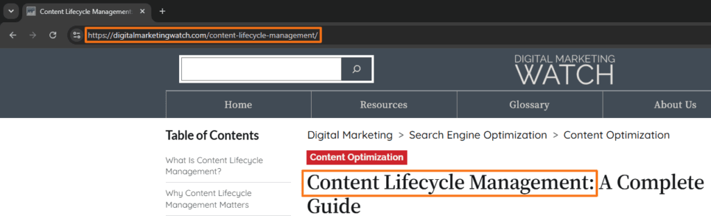 Digital Marketing Watch article with content-lifecycle-management highlighted in the URL and “Content Lifecycle Management” highlighted in the page title