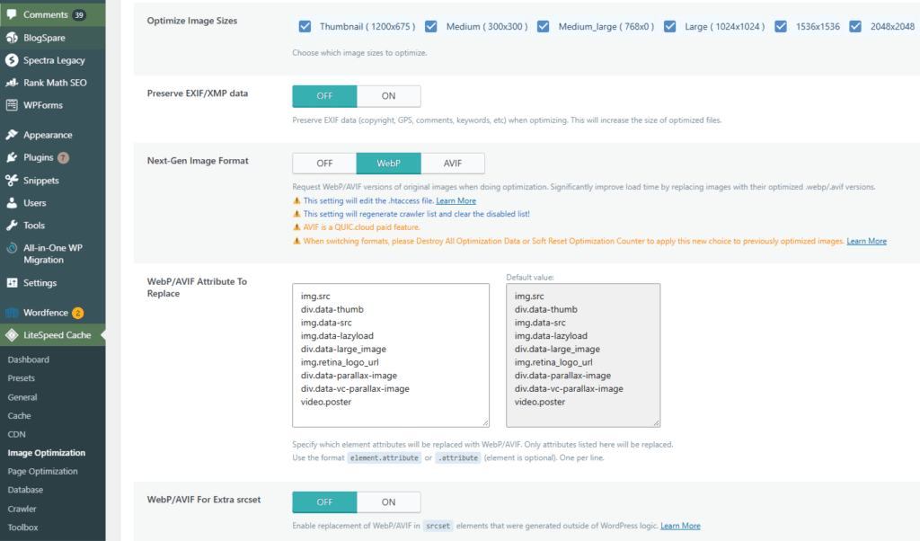 - WordPress LiteSpeed Cache Image Optimization settings showing selected image sizes, WebP as the next-gen image format, and related WebP replacement options in the free plugin