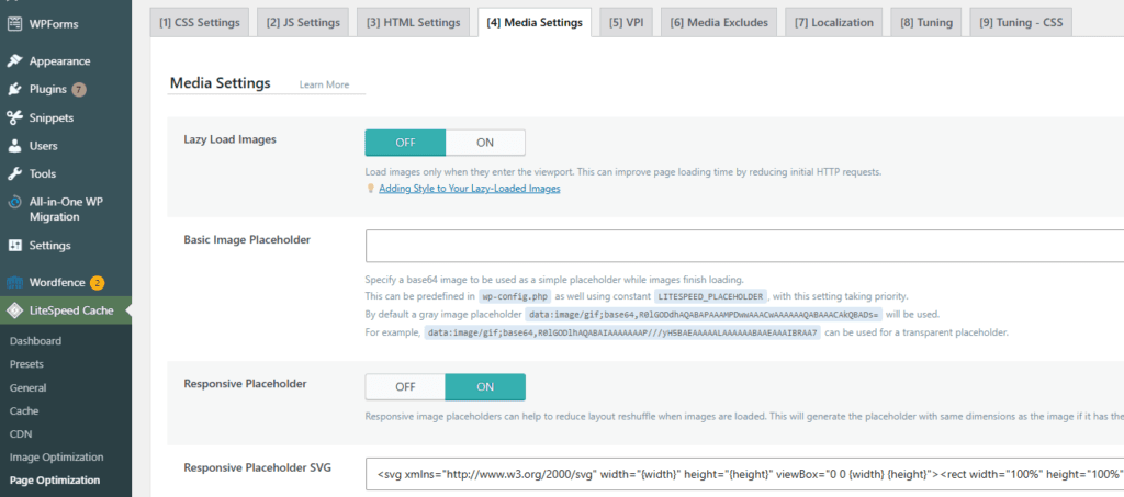 WordPress LiteSpeed Cache Page Optimization settings displaying the Lazy Load Images control, Basic Image Placeholder field, and Responsive Placeholder option for deferred image loading and layout stability