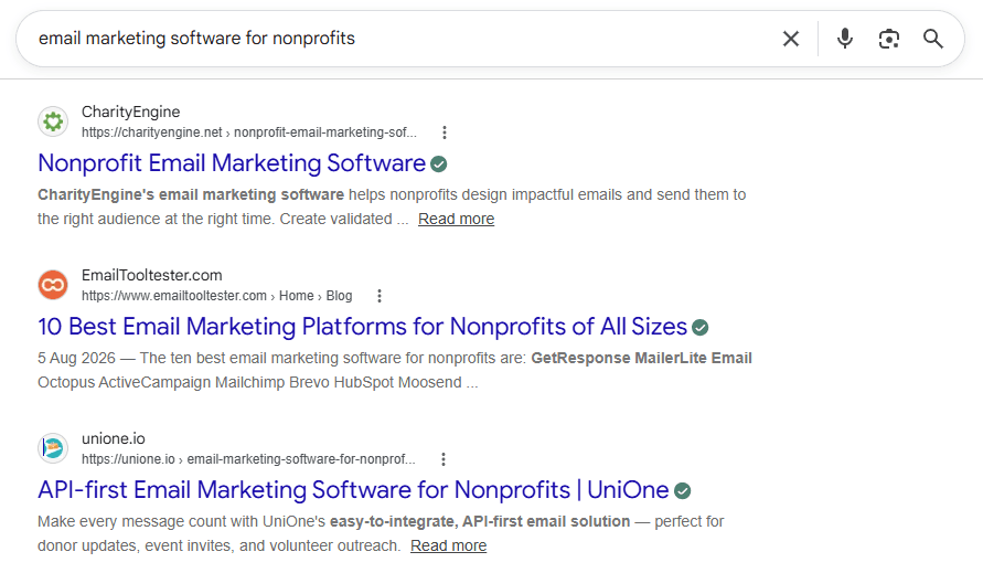 Google search results for the long-tail keyword “email marketing software for nonprofits,” showing relevant nonprofit email marketing software and platform pages.