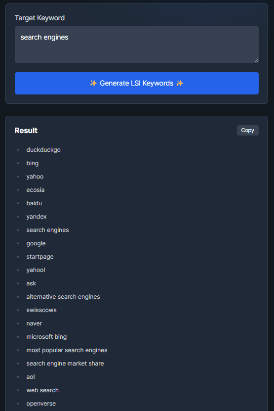LSI keywords generator interface displaying suggested terms for “search engines”