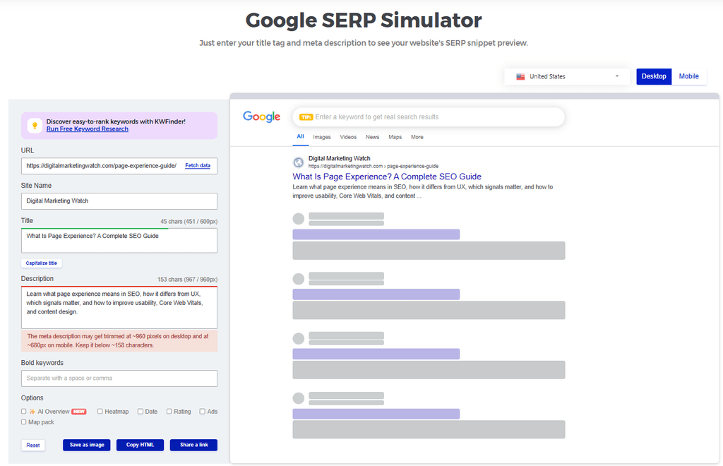 Mangools Google SERP Simulator showing a Digital Marketing Watch search result preview for a page experience guide