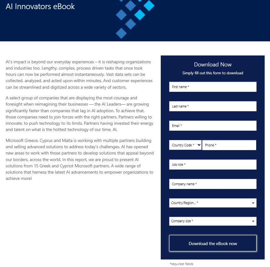 Microsoft AI Innovators eBook landing page with a Download Now form requesting name, email, phone, job role, company, country, and company size before access to the ebook