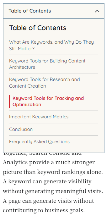 Mobile view of a collapsible sticky table of contents showing linked section headings for easier navigation and improved user experience