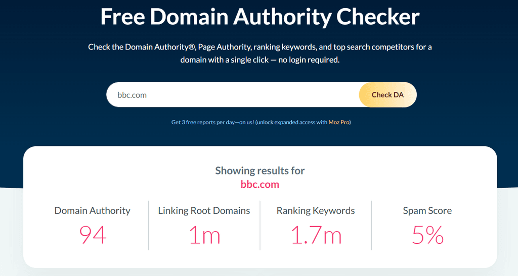 Moz Domain Authority Checker showing a DA score of 94 for bbc.com, alongside linking root domains, ranking keywords, and Spam Score