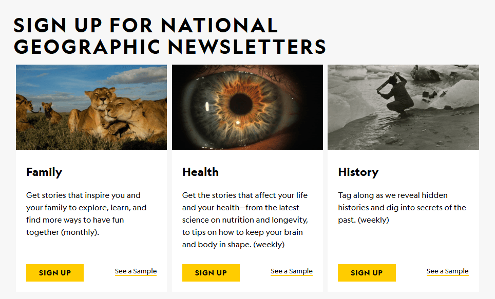National Geographic newsletter signup page showing Family, Health, and History newsletter categories with descriptions and Sign Up buttons