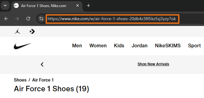 - Nike Air Force 1 Shoes page with the browser address bar showing the long URL nike.com/w/air-force-1-shoes-20db4z38l5kz5sj3yzy7ok