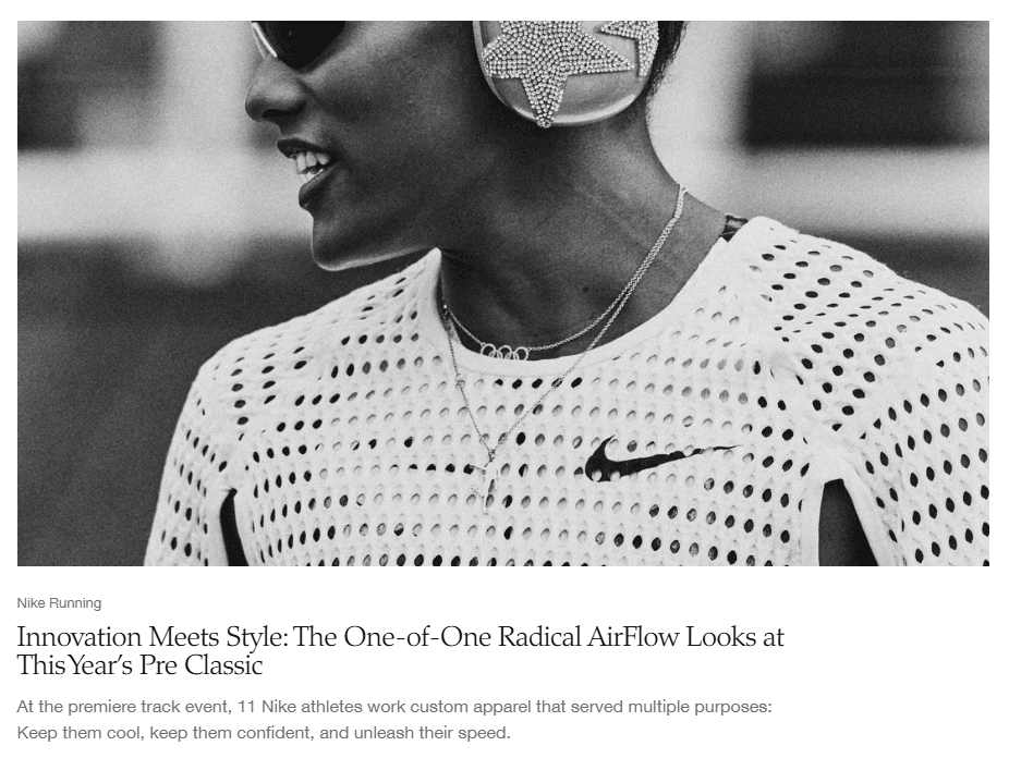 Nike Running article featuring the headline “Innovation Meets Style: The One-of-One Radical AirFlow Looks at This Year’s Pre Classic” beneath a black-and-white athlete image