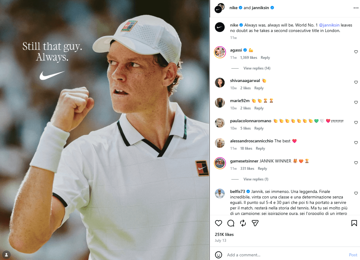 Nike Instagram post featuring tennis player Jannik Sinner with the Swoosh and the short brand message “Still that guy. Always.”, demonstrating Nike’s confident and motivational brand voice