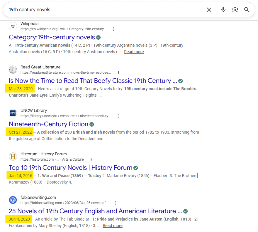 Google SERP for “19th century novels” showing relevant results published across several years, demonstrating that older content can continue to rank for evergreen queries