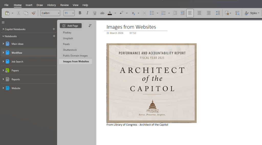 Microsoft OneNote workspace with multiple notebooks and sections, showing a page used to collect and organize an image, source information, and research notes