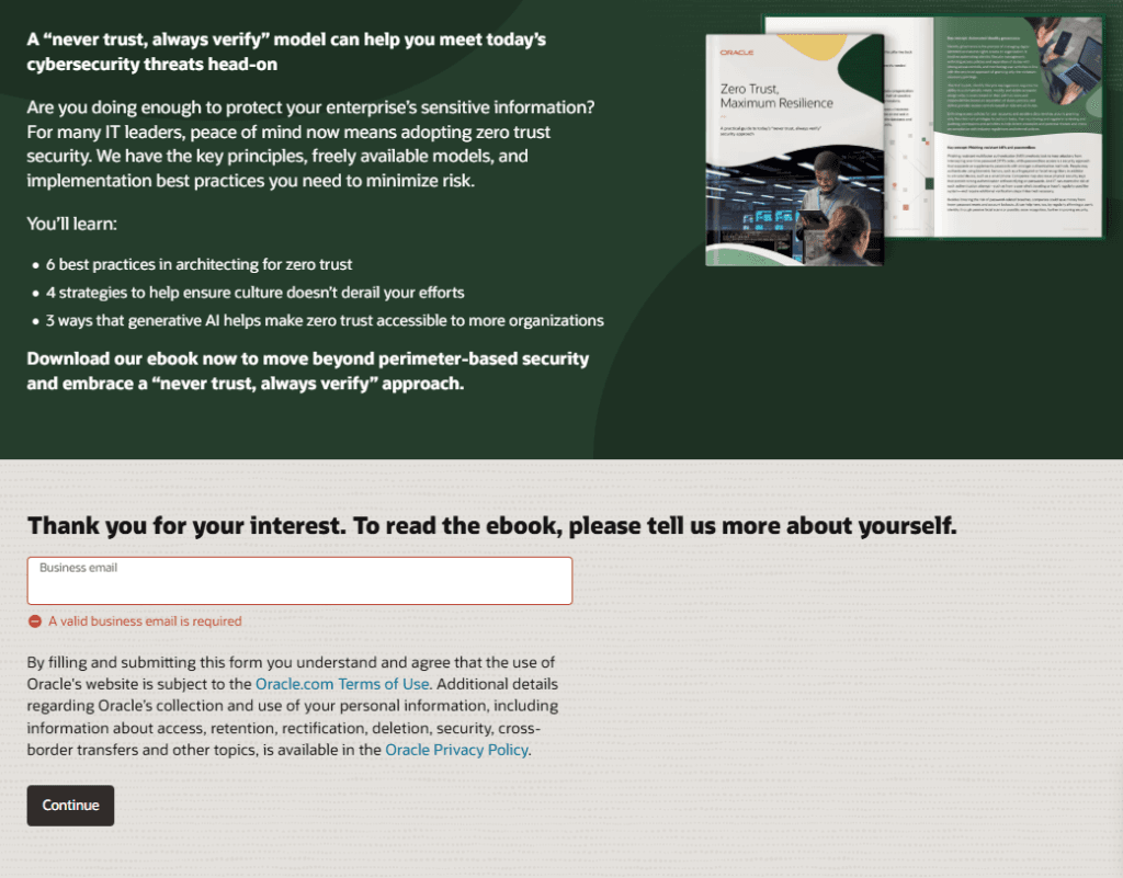 Oracle ebook landing page promoting “Zero Trust, Maximum Resilience” with a business email field and Continue button required to access the downloadable resource