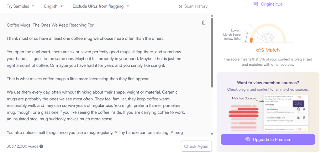 Originality.ai plagiarism checker analyzing a 303-word coffee-mug article and reporting a 5% match with other sources