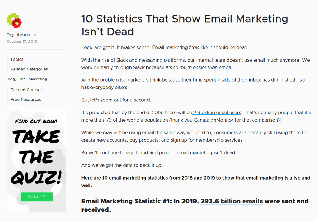 DigitalMarketer article from 2019 showing older email marketing statistics and dated examples that may require updating for modern automated email marketing