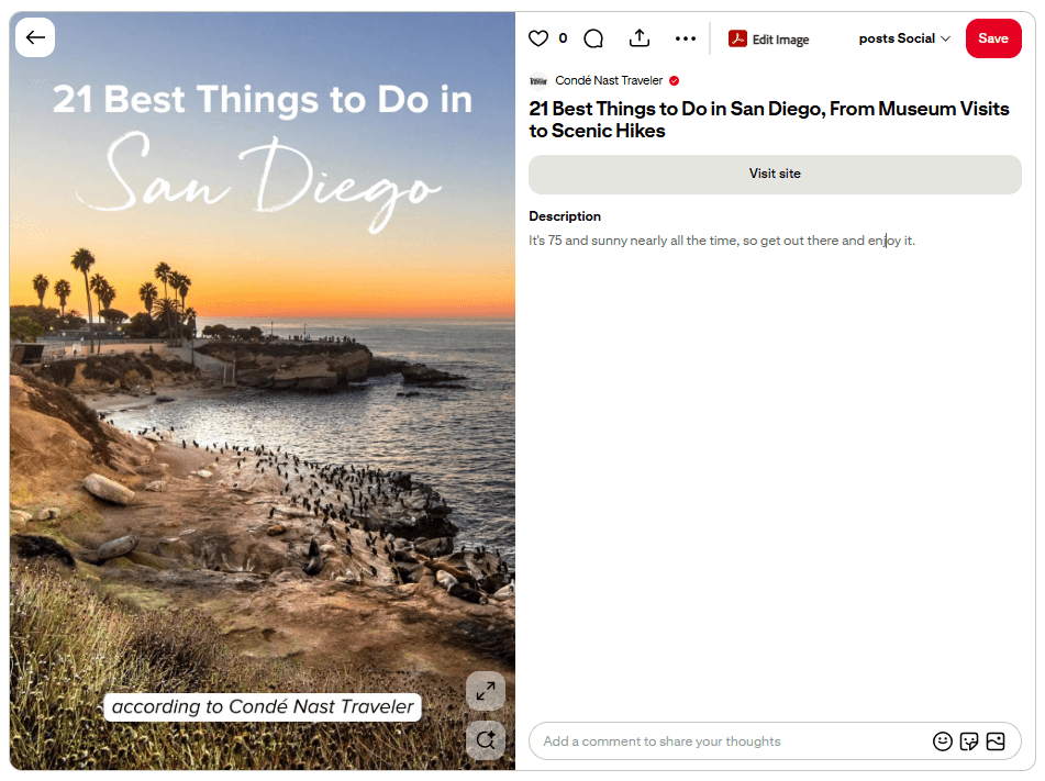 Pinterest post from Condé Nast Traveler promoting the article “21 Best Things to Do in San Diego, From Museum Visits to Scenic Hikes,” with a travel image, description, and link to the publisher’s website.