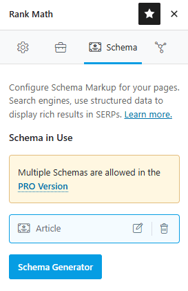 Rank Math Schema panel in WordPress showing Article schema and Schema Generator options