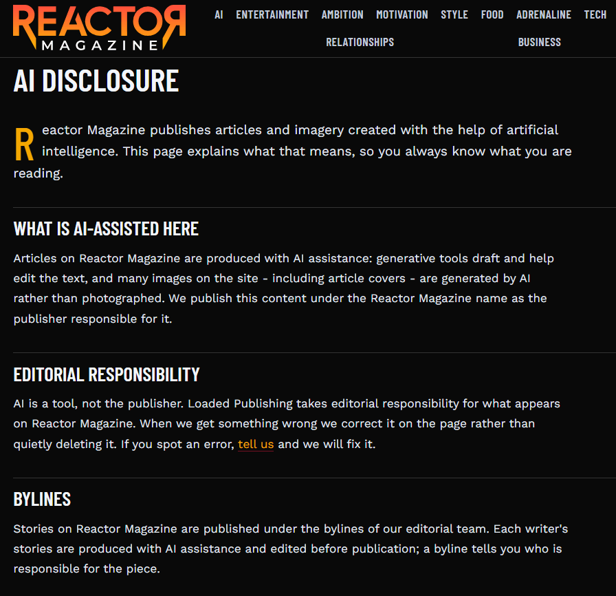 Screenshot of Reactor Magazine’s AI disclosure page describing AI-assisted writing, AI-generated imagery, editorial responsibility, corrections, and human bylines