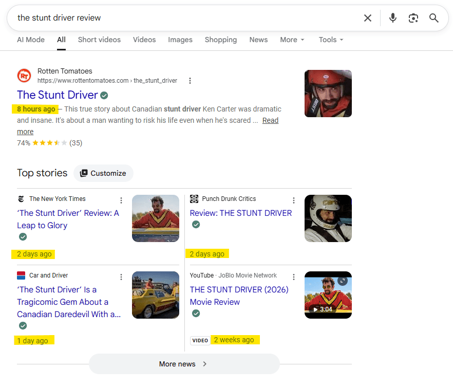 Google SERP for “The Stunt Driver review” showing recent reviews from Rotten Tomatoes, The New York Times, Car and Driver, and other sources with publication times highlighted