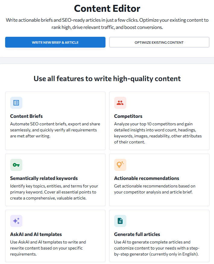 SE Ranking Content Editor interface highlighting features for content briefs, competitor research, semantically related keywords, actionable recommendations, AI templates, and full article generation.