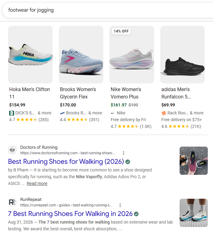 Google search results for “footwear for jogging” displaying running shoes and articles about running shoes, demonstrating semantic matching between the concepts “footwear for jogging” and “running shoes.”