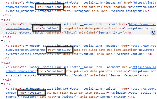 Browser developer tools showing Semrush social links for Instagram, TikTok, YouTube, Facebook, and X with rel="nofollow" applied to each link