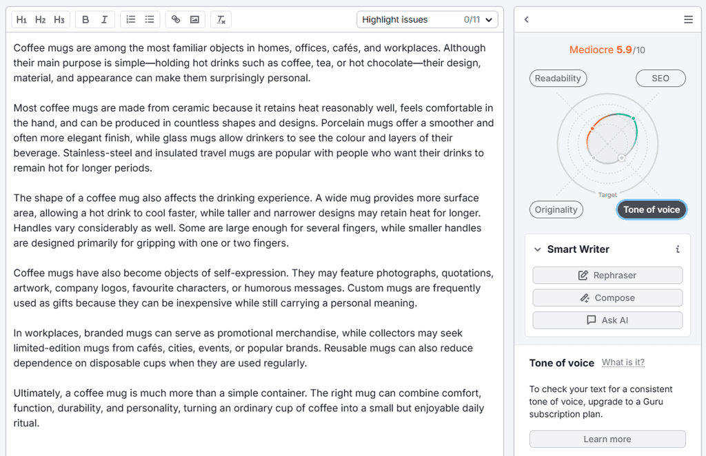 Semrush Writing Assistant analyzing an AI-generated article about coffee mugs, showing a mediocre overall score of 5.9 out of 10 with readability, SEO, originality, and tone-of-voice assessment areas.