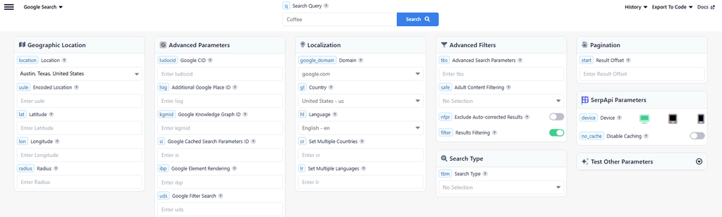 SerpApi Google Search configuration screen with location, language, domain, filters, pagination, and device settings for SERP scraping
