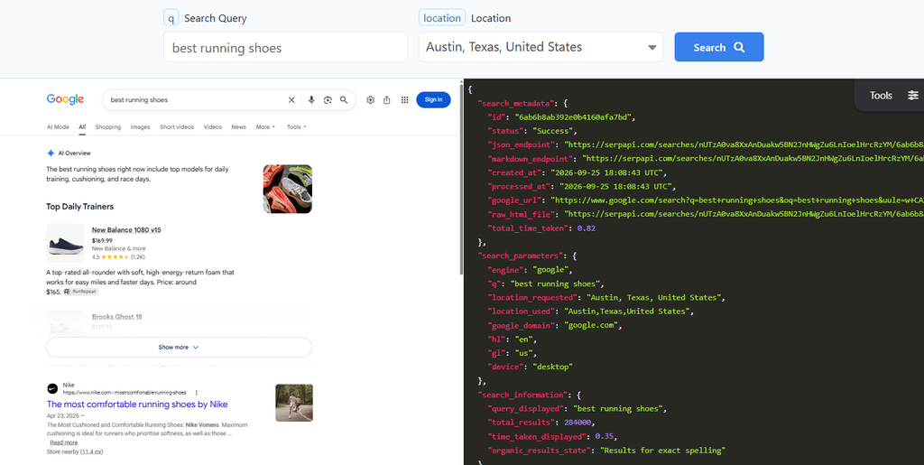 SerpApi example for “best running shoes” showing the rendered Google SERP on the left and scraped search metadata, parameters, and result data in JSON on the right