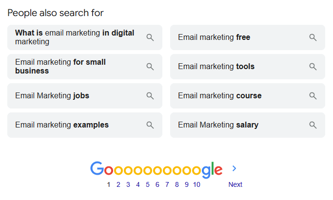 Google SERP showing related searches for email marketing, including email marketing for small business, tools, examples, courses, jobs, salary, and free options