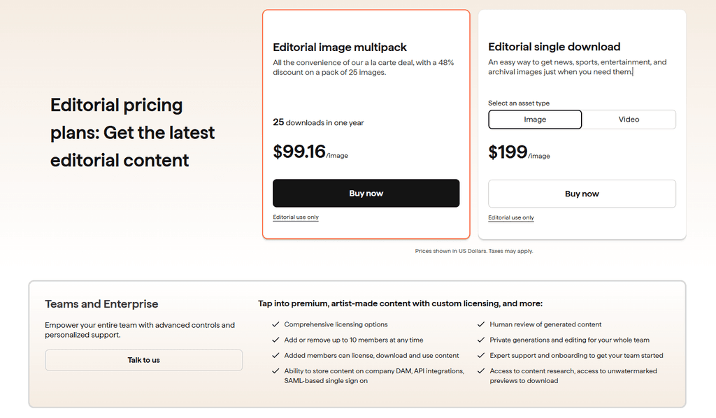 Shutterstock editorial pricing page showing a 25-download multipack at $99.16 per image, a single editorial image download at $199, and a Teams and Enterprise option with custom licensing and support