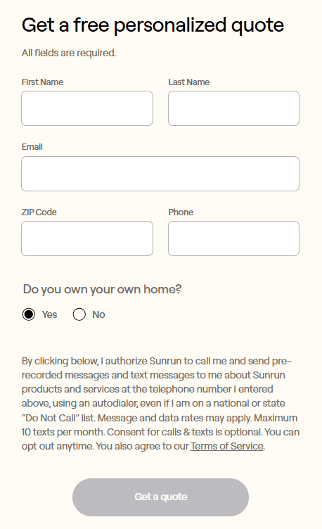Sunrun lead form requesting name, email, ZIP code, phone number, and homeownership status before providing a personalized solar quote