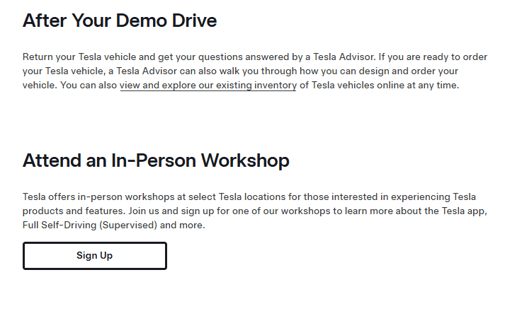 - Tesla webpage promoting an in-person workshop with a Sign Up button for visitors interested in learning about Tesla products, the Tesla app, and Full Self-Driving features